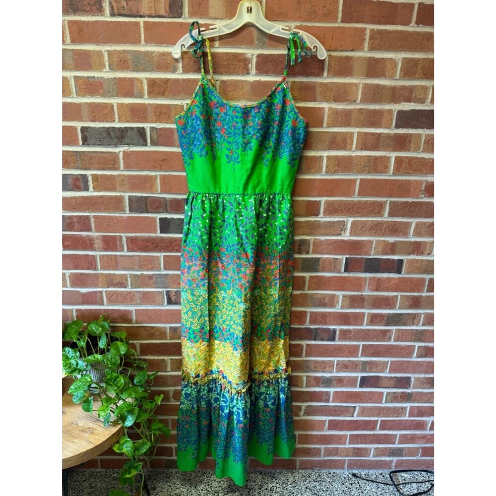 70s Leslie Fay Green Floral Tie-Shoulder Maxi Dress with Matching Scarf/Shawl